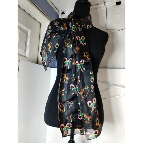 Christmas Scarf Black With Candy canes and Rocking Horses 30 X 12 inches - Picture 8 of 10